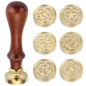 6 PCS Wax Seal Stamp Set with Magic Symbols Stamps Heads and Wooden Handle, Vint